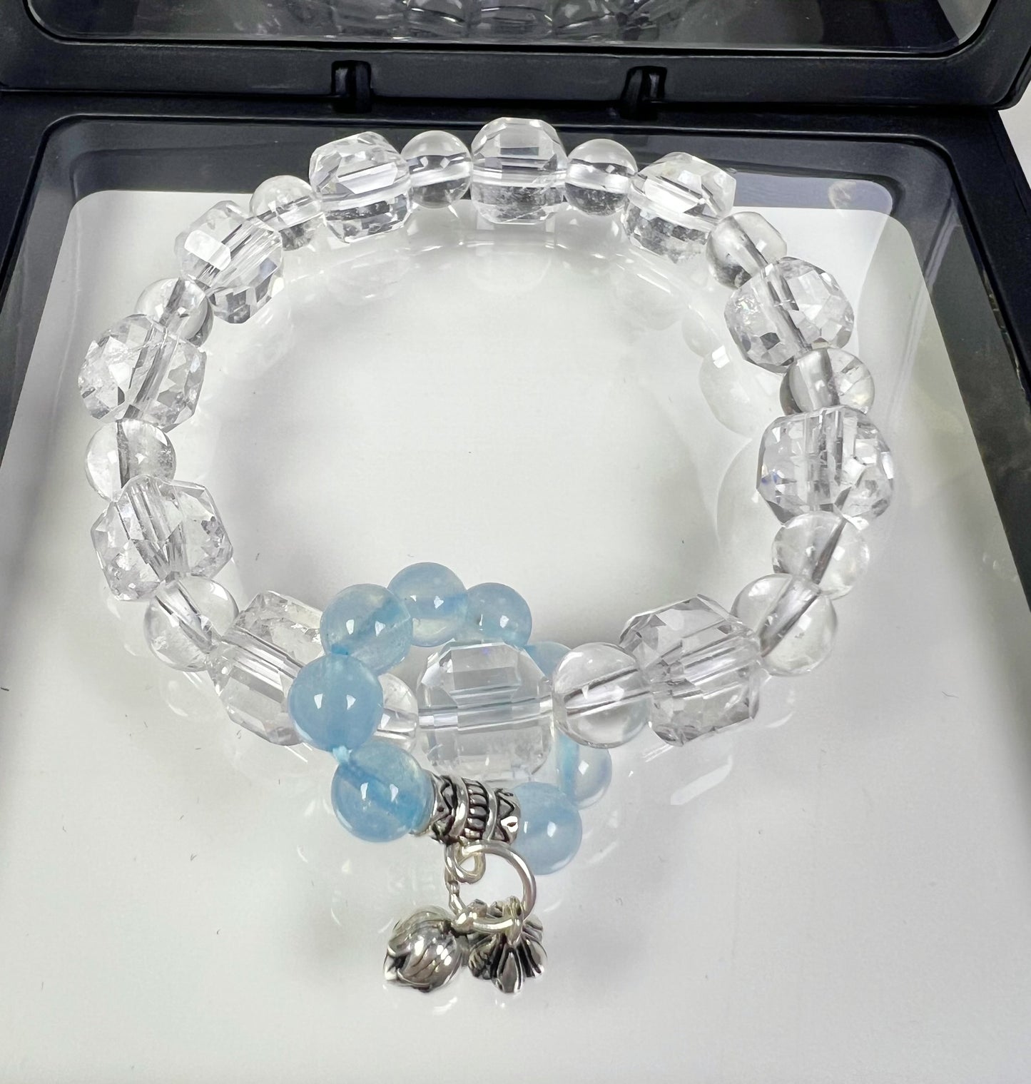 Natural Clear Quartz and Aquamarine with Sterling Silver accents bracelet