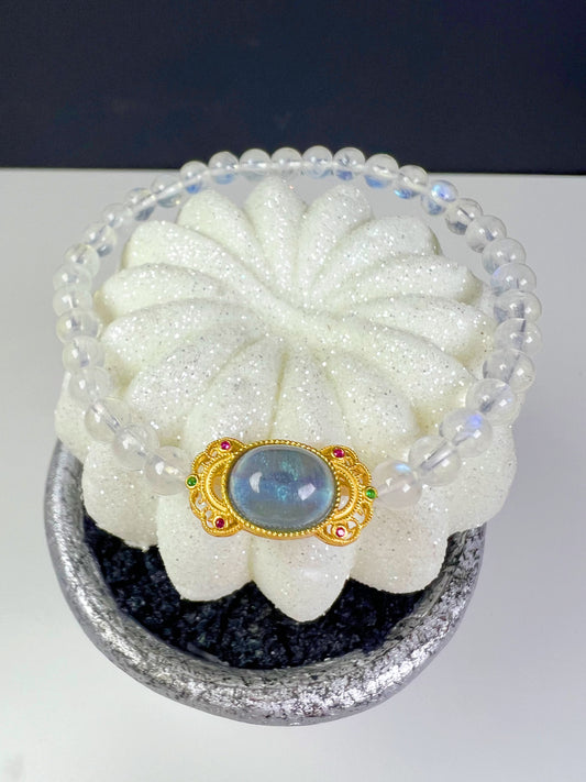 Natural Blue Moonstone and Aquamarine with Sterling silver accessories Bracelet