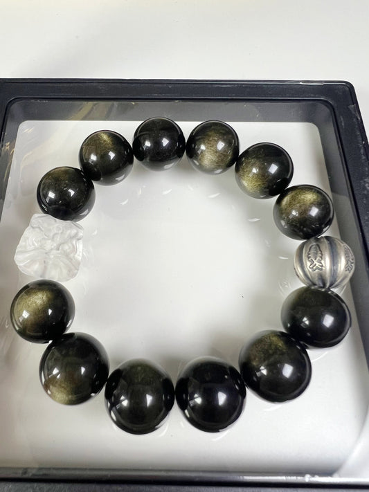 Natural Golden Obsidian, lion-shaped Clear Quartz , and sterling silver accessories Bracelet.