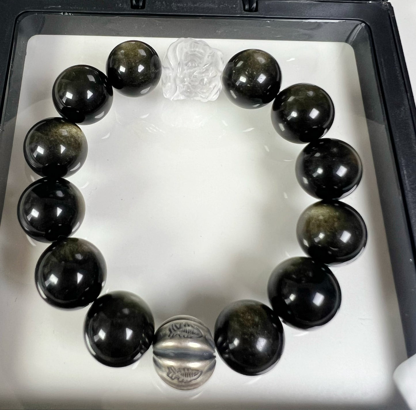 Natural Golden Obsidian, lion-shaped Clear Quartz , and sterling silver accessories Bracelet.