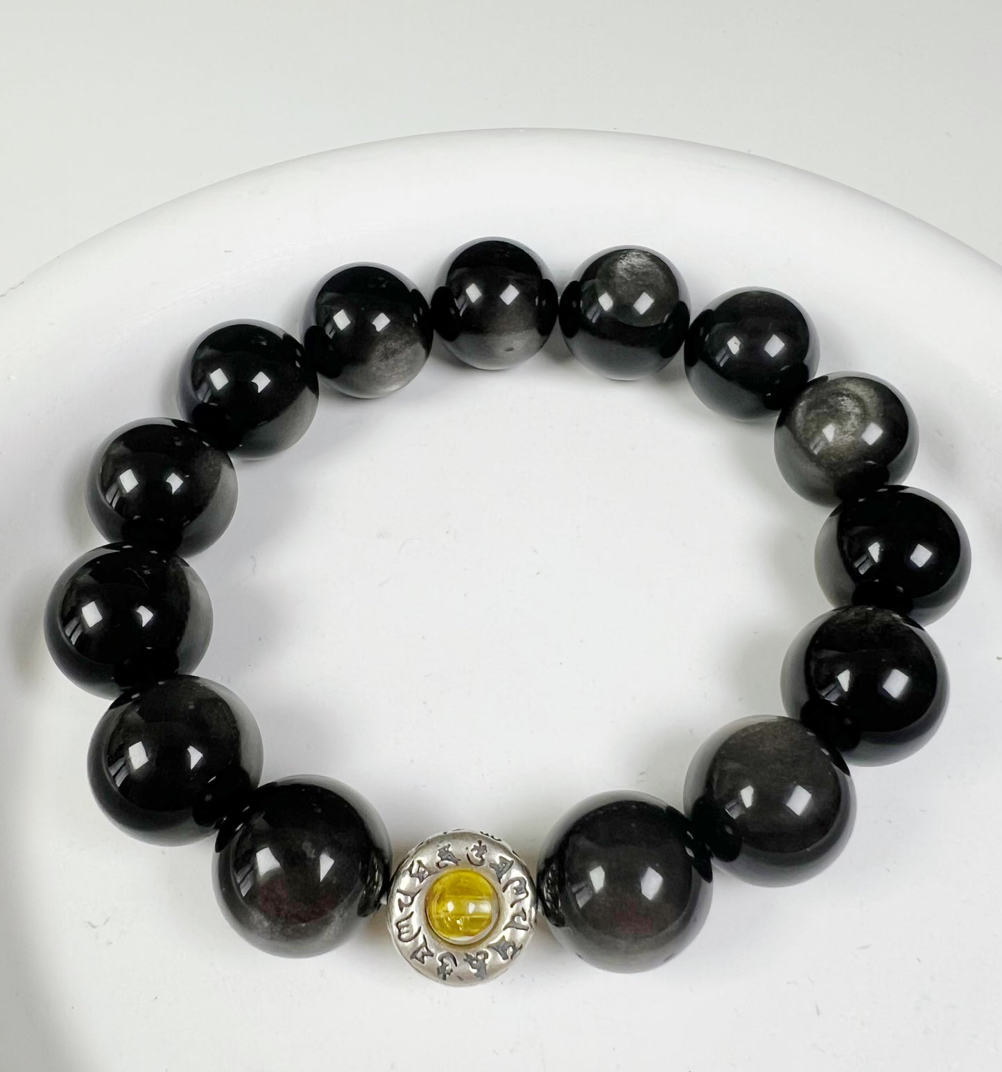 Natural Silver Obsidian and Citrine Bracelet with Sterling Silver Accents