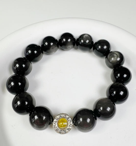 Natural Silver Obsidian and Citrine Bracelet with Sterling Silver Accents